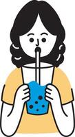 A hand drawn style illustration showing a character drinking boba vector