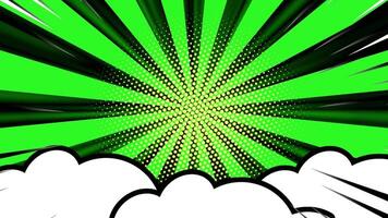 Green comic book style background with halftone radial burst and animated clouds. Ideal for pop art transitions, intros, or energetic media visuals video