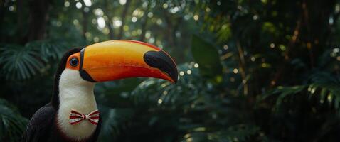 A toucan with a bow tie standing in the jungle photo