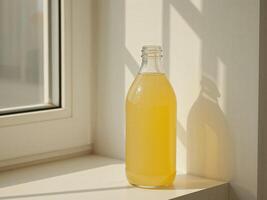 A bottle of orange juice sitting on a window sill photo