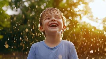 Child laughs in rain shower photo