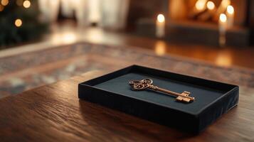 Antique key in velvet box, home, fireplace photo