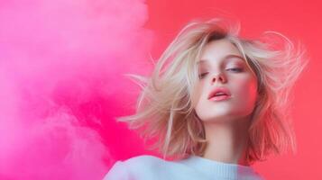 Blonde Woman, Pink Smoke, Studio Portrait photo