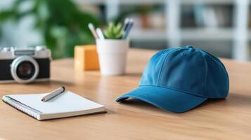 Blue Cap on Wooden Desk, Office photo