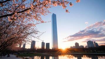 Cherry Blossoms Skyscraper Sunrise photo