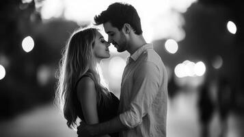Couple in embrace, city twilight photo