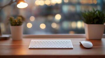 Cozy Workspace by Window at Night photo