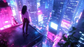 Cyberpunk City Rooftop View photo