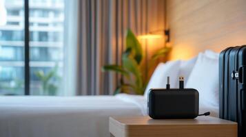 Hotel Room, Travel Accessories, Bedside Table photo