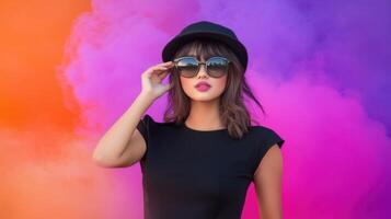 Fashion Model Posing Colorful Smoke Background photo
