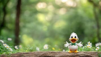 Forest scene, duck figurine, nature, flowers photo