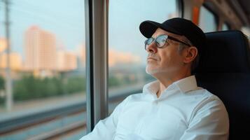 Man on Train Gazing at Cityscape photo