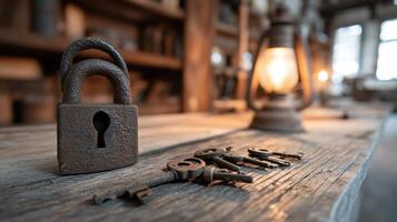 Old Lock Keys on Wooden Table photo