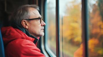 Man Looking Out Train Window Autumn photo