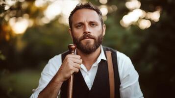Man with walking stick, outdoors, portrait photo