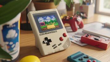 Retro handheld gaming device on desk photo
