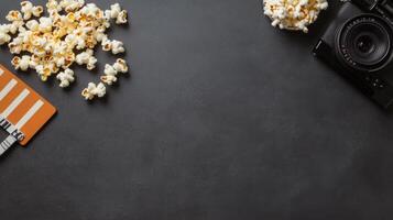 Popcorn, Film Clapper, Camera on Dark Desk photo