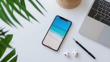 Modern Workspace with Beach Scene photo