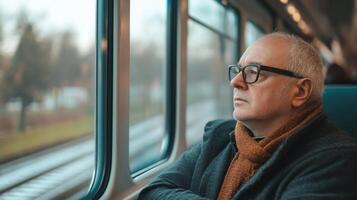 Man Gazing Out Train Window photo