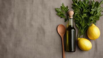 Olive Oil, Lemons, Parsley on Linen photo