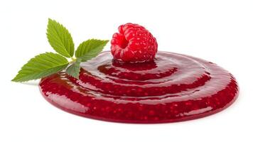 A single raspberry on a pool of raspberry jam with green leaves on a white background view photo