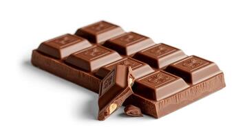 A close up shot of a chocolate bar with one piece broken off on white background photo