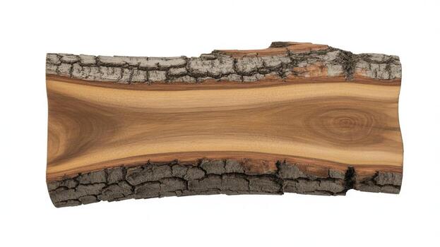 A close up view of a cut section of a tree trunk with bark on top and bottom on white background photo