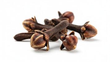 A close up view of a small pile of dried brown cloves on a white background surface photo