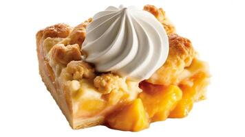 A close up view of a slice of peach pie topped with whipped cream on a white background photo