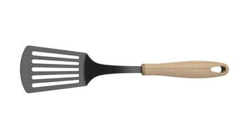 Isolated kitchen spatula with wooden handle and slotted metal head on white backdrop photo