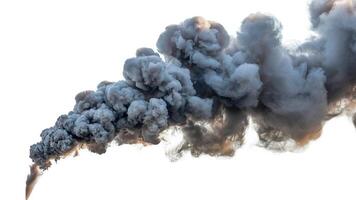 A large plume of dark smoke rising against a bright white or light background photo