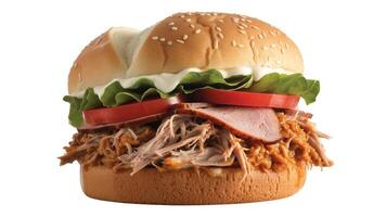 A pulled pork sandwich with lettuce tomato and mayo on a sesame seed bun isolated on white photo