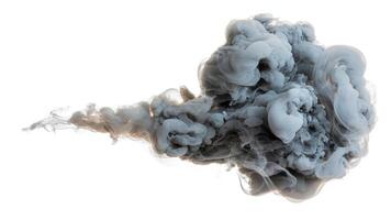 Isolated shot of a plume of gray smoke or ink swirling and expanding against a white backdrop photo
