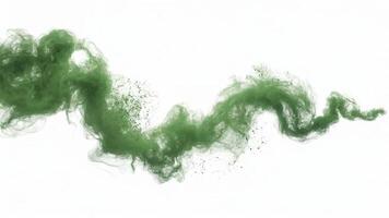 A stream of green smoke flowing horizontally across a bright white background photo