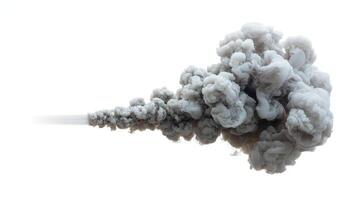 A horizontal plume of gray smoke billowing against a stark white background in the studio photo