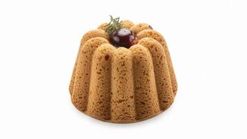 Close up of a bundt cake with a cherry and rosemary sprig on a white background photo