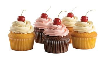 A group of cupcakes with different frosting colors and cherries on top isolated on white photo