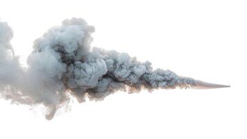 A plume of gray smoke billowing across a bright white background in a horizontal view photo