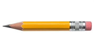A close up shot of a yellow pencil with a pink eraser on a white background flat lay photo