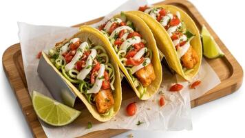 Close up of three tacos with fish and vegetables on a wooden board with lime wedges nearby photo