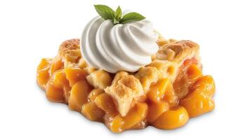 A slice of peach pie with a dollop of whipped cream and mint leaves on a white background photo
