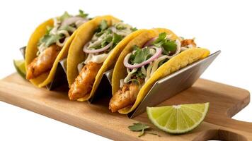 Close up of four fish tacos in metal holders on a wooden cutting board with lime photo
