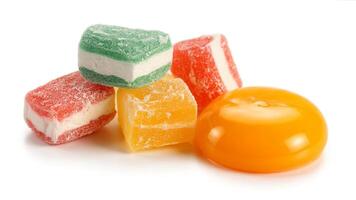A pile of colorful candies including square and round shapes on white background photo