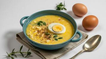 Close up of a bowl of soup with a boiled egg and herbs on a napkin with eggs and a spoon photo