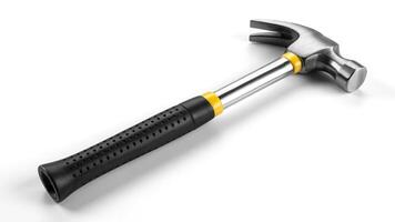 Close up shot of a claw hammer with a black handle on a white background surface photo