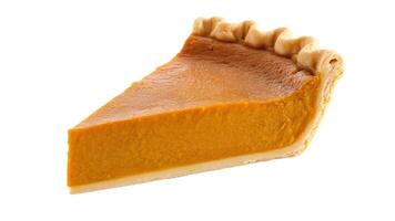 Isolated slice of pumpkin pie with golden crust on a clean white background view photo
