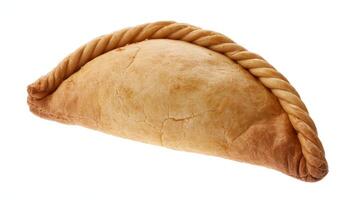 A close up shot of a baked empanada with a twisted crust on a white background photo