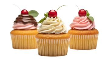 Three cupcakes with different frosting and cherry toppings on a white background photo