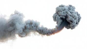 A large plume of gray smoke rising and expanding against a bright white backdrop photo