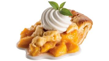 A close up of a slice of peach pie with whipped cream and mint leaves on a white background photo